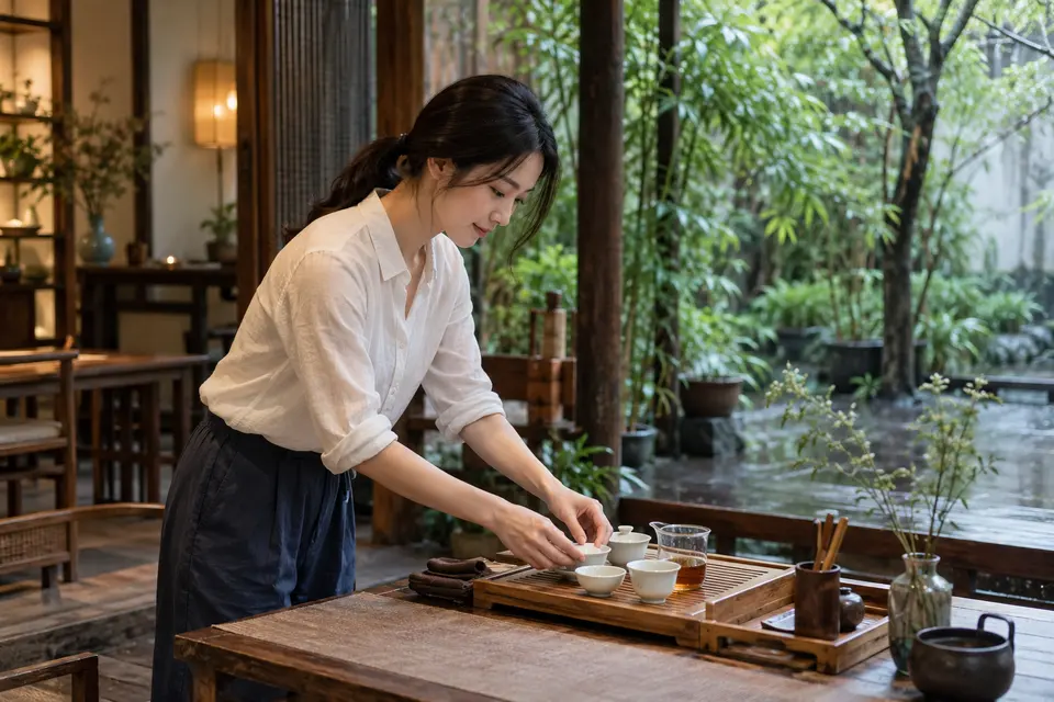 成都庭院茶席布置，竹制茶具与盖碗陈列